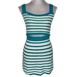 Wild Fable Striped Knit Crop Tank & Mini Skirt Set XS Cotton Teal
